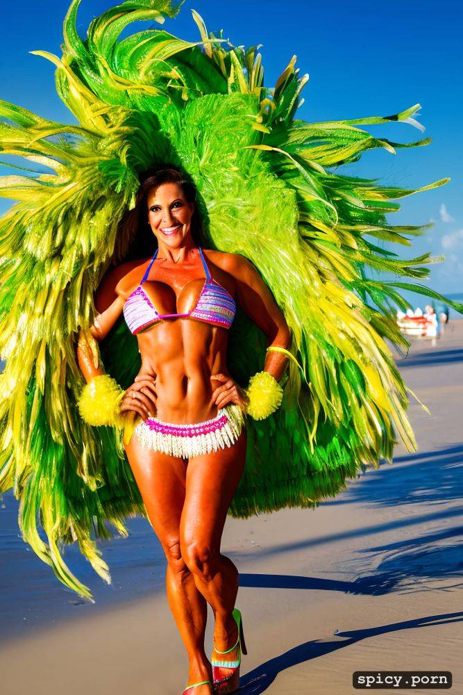 color portrait, long hair, 57 yo beautiful performing white rio carnival dancer at copacabana beach - #main