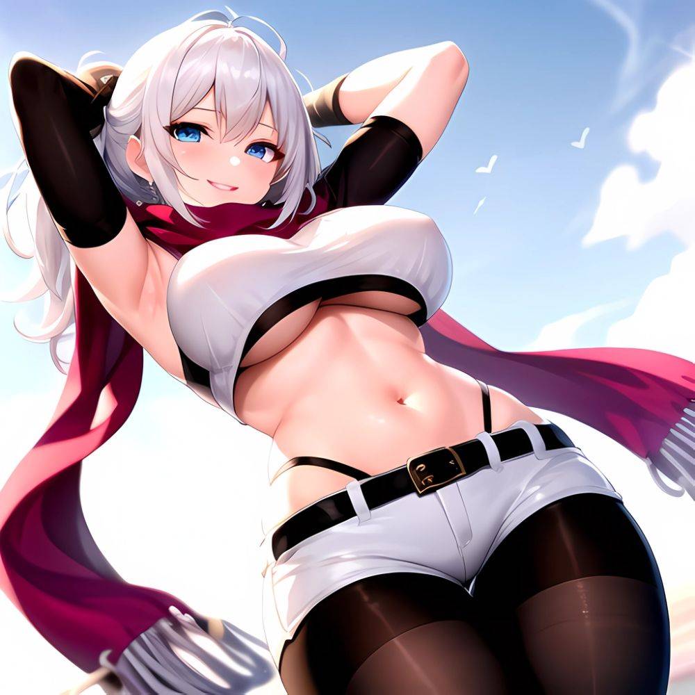 1girl Armpits Arms Behind Head Belt Black Bra Black Gloves Black Pantyhose Blue Eyes Blurry Blurry Background Bra Breasts Curvy, 419669932 - AIHentai - #main