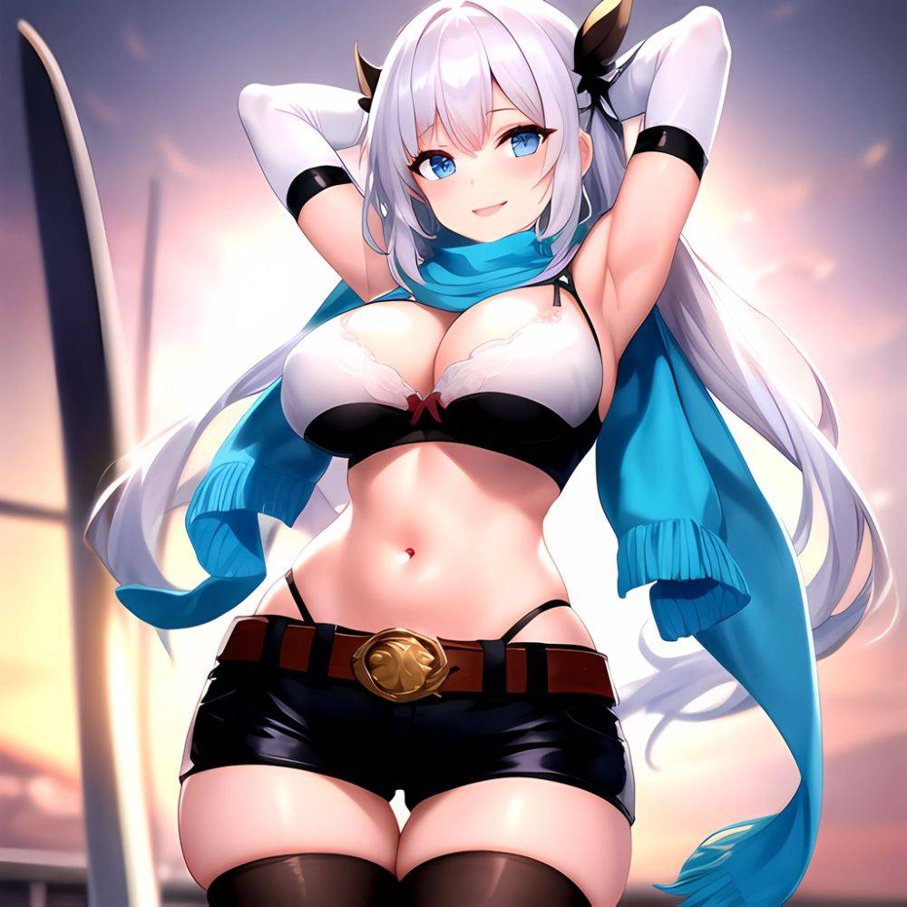 1girl Armpits Arms Behind Head Belt Black Bra Black Gloves Black Pantyhose Blue Eyes Blurry Blurry Background Bra Breasts Curvy, 203043014 - AIHentai - #main