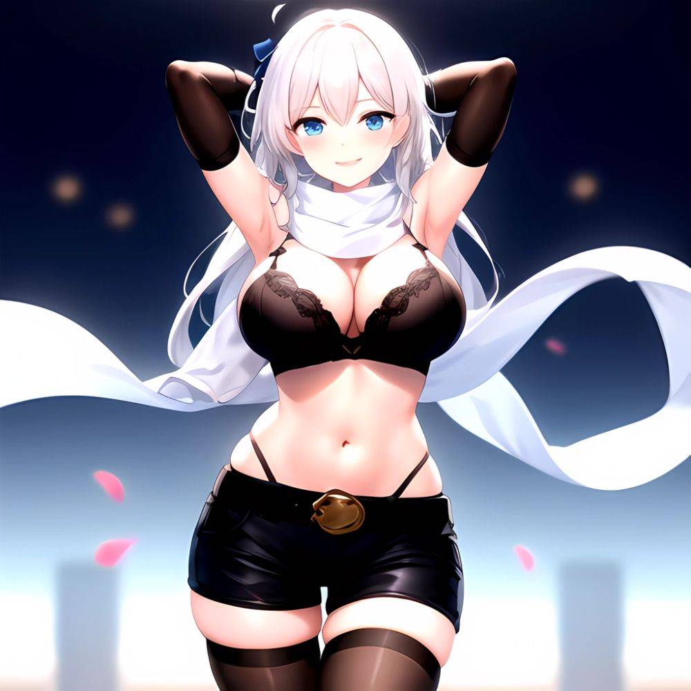 1girl Armpits Arms Behind Head Belt Black Bra Black Gloves Black Pantyhose Blue Eyes Blurry Blurry Background Bra Breasts Curvy, 300292443 - AIHentai - #main