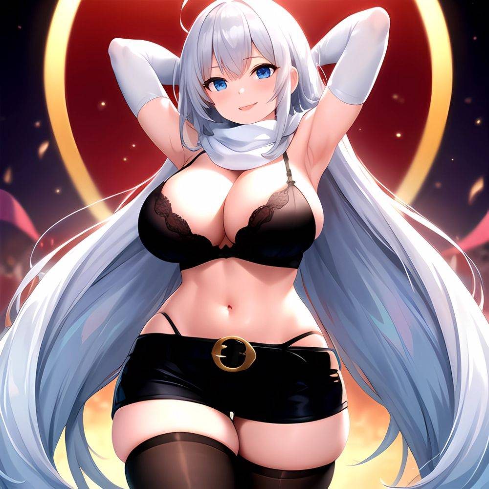 1girl Armpits Arms Behind Head Belt Black Bra Black Gloves Black Pantyhose Blue Eyes Blurry Blurry Background Bra Breasts Curvy, 1571071843 - AIHentai - #main