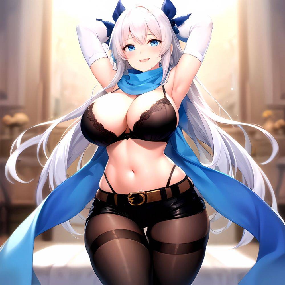 1girl Armpits Arms Behind Head Belt Black Bra Black Gloves Black Pantyhose Blue Eyes Blurry Blurry Background Bra Breasts Curvy, 94530251 - AIHentai - #main