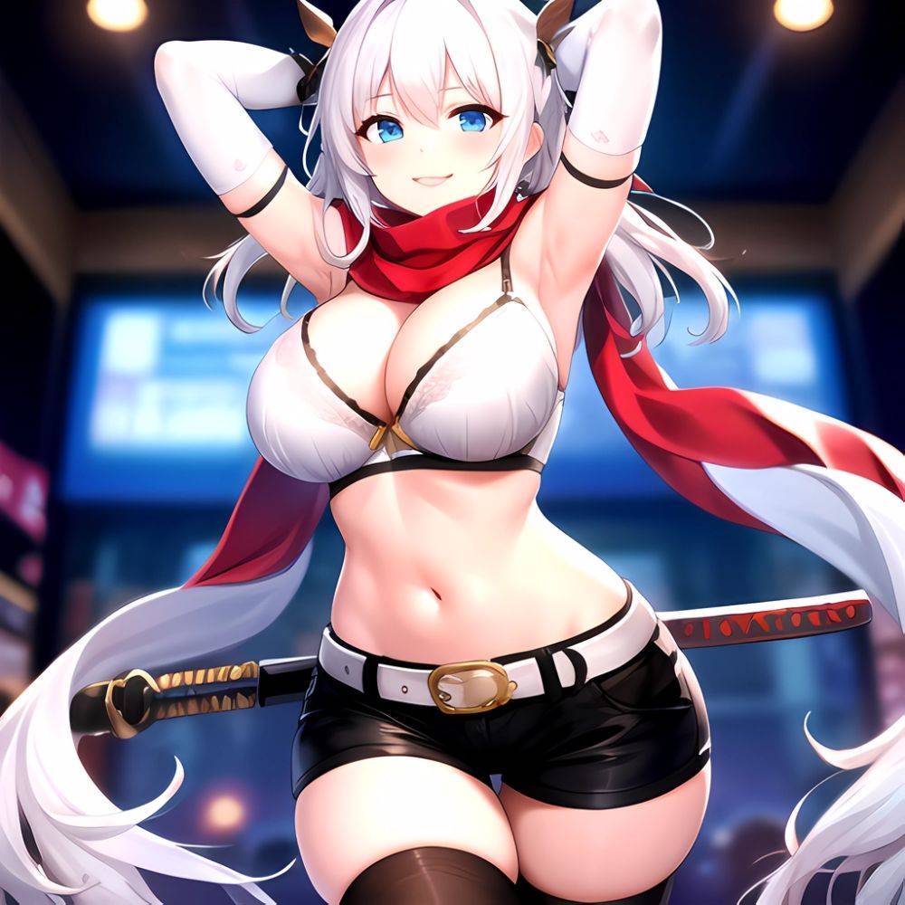 1girl Armpits Arms Behind Head Belt Black Bra Black Gloves Black Pantyhose Blue Eyes Blurry Blurry Background Bra Breasts Curvy, 109842666 - AIHentai - #main