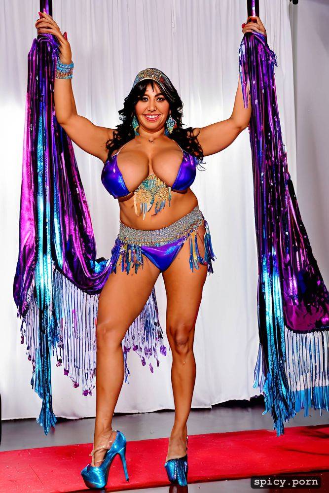 performing in high heels on stage, huge hanging boobs, 38 yo beautiful thick american bellydancer - #main