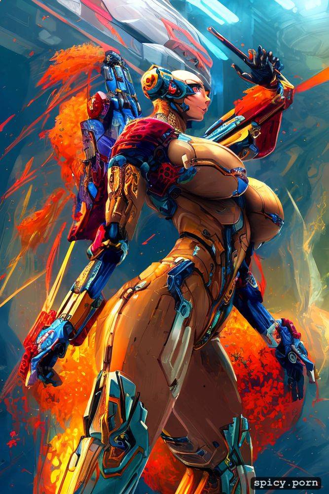 busty, comprehensive cinematic, vibrant, strong warrior robot - #main