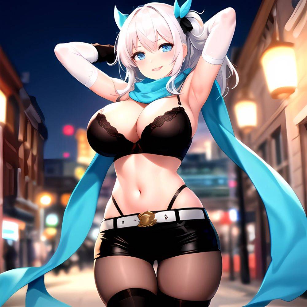 1girl Armpits Arms Behind Head Belt Black Bra Black Gloves Black Pantyhose Blue Eyes Blurry Blurry Background Bra Breasts Curvy, 2773062851 - AIHentai - #main