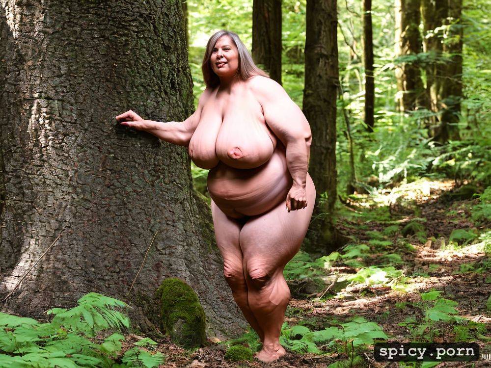obese mature fatty muscle lady, in the woods, 65 years old, full body - #main