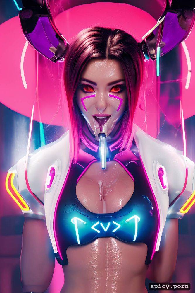 d va from overwatch has c cup boobs, neon lights, long hair - #main