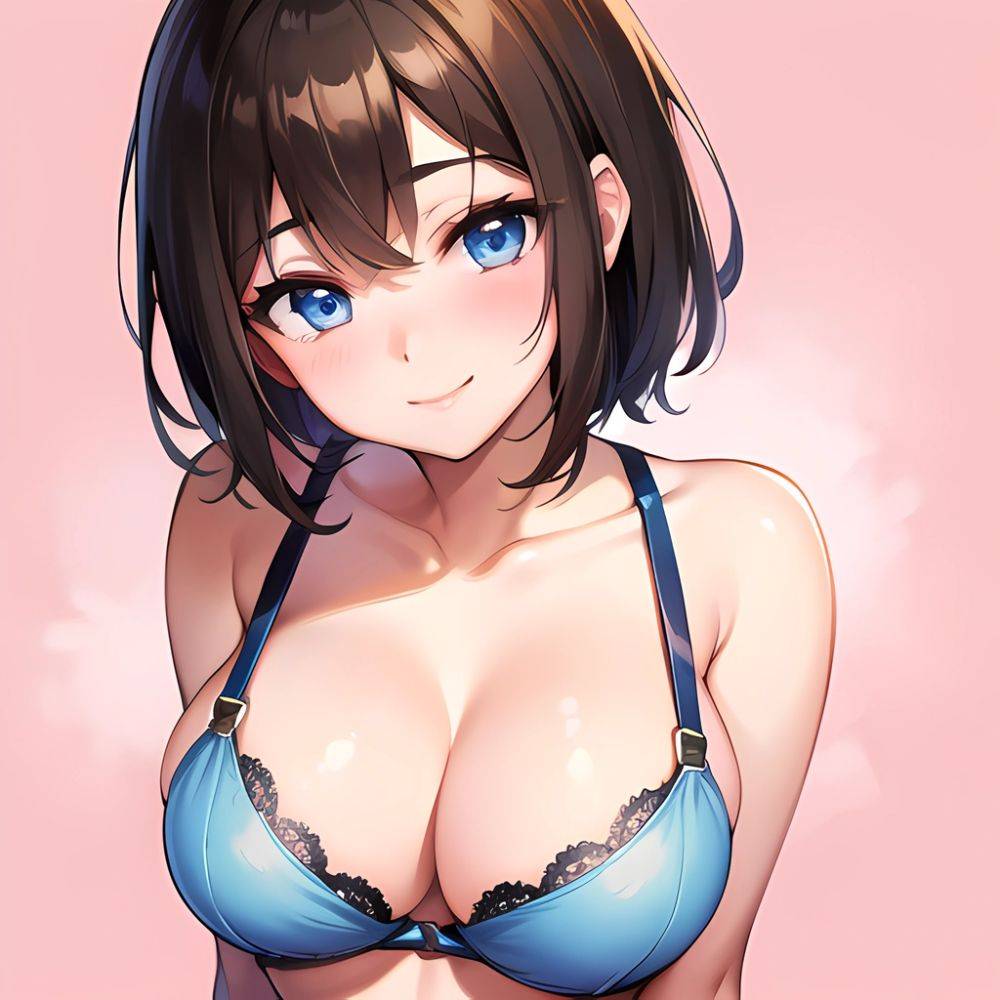 1girl Ai Generated Blue Eyes Blush Breasts Brown Hair Highres Large Breasts Light Smile Looking At Viewer Pink Background Short, 804347654 - AIHentai - #main