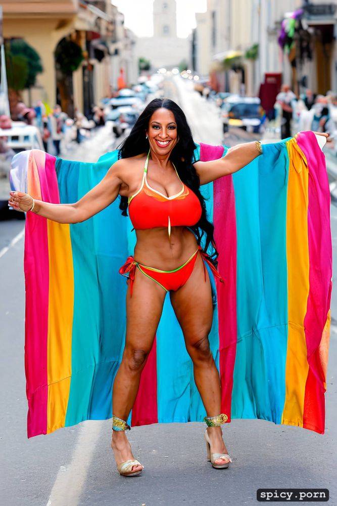 color portrait, huge natural boobs, 47 yo beautiful performing mardi gras street dancer - #main