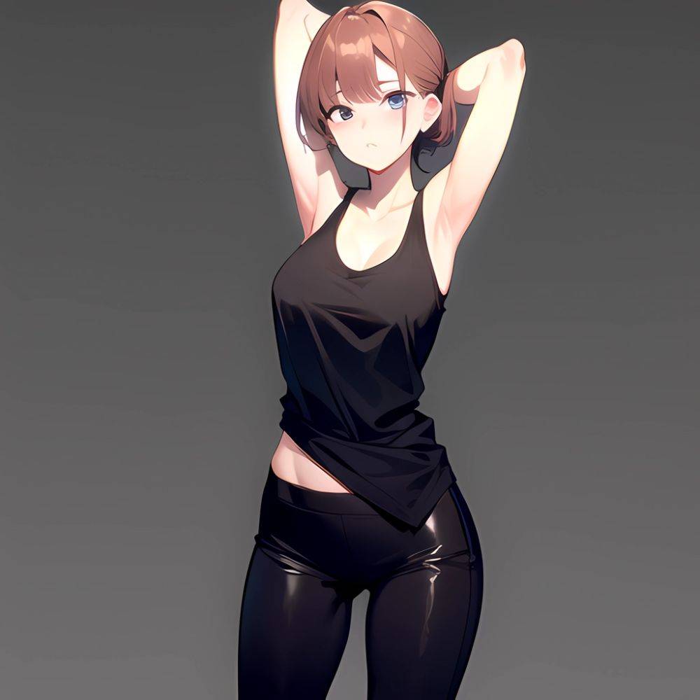 1girl Solo Tank Top Leggings Standing Fully Clothed Pov Simple Background Arms Behind Head, 527971517 - AIHentai - #main