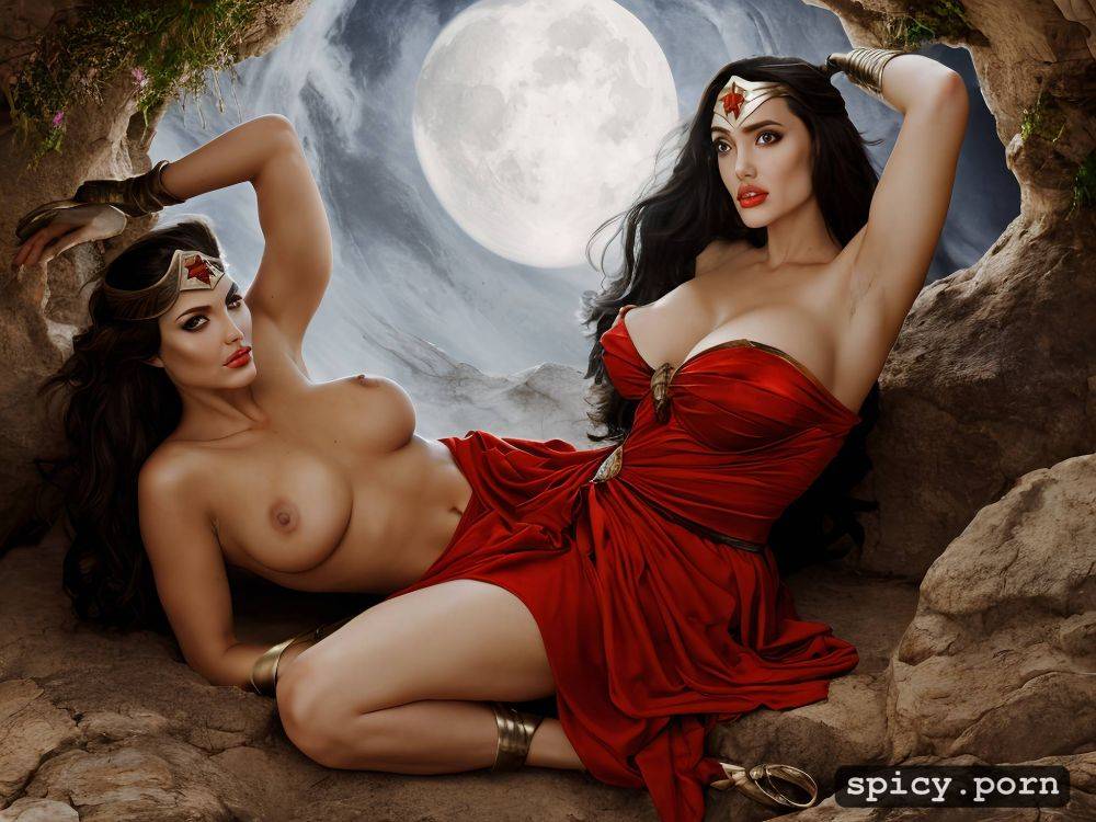 big tits, red cape, cave, diffuse light, diadem, dark tan skin - #main