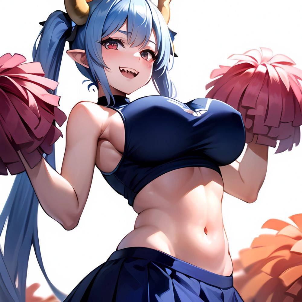 1girl Absurdres Blue Skirt Bluefrok Breasts Cheerleader Dragon Girl Dragon Horns Highres Holding Holding Pom Poms Horns Huge Bre, 3213429971 - AIHentai - #main