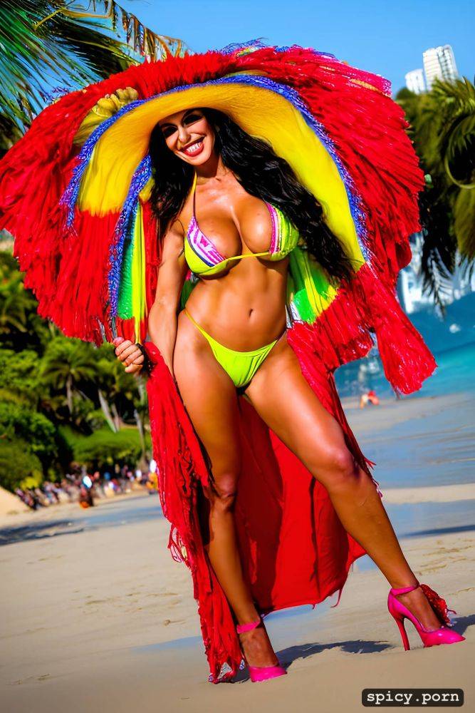 color portrait, long hair, 35 yo beautiful performing white rio carnival dancer at copacabana beach - #main