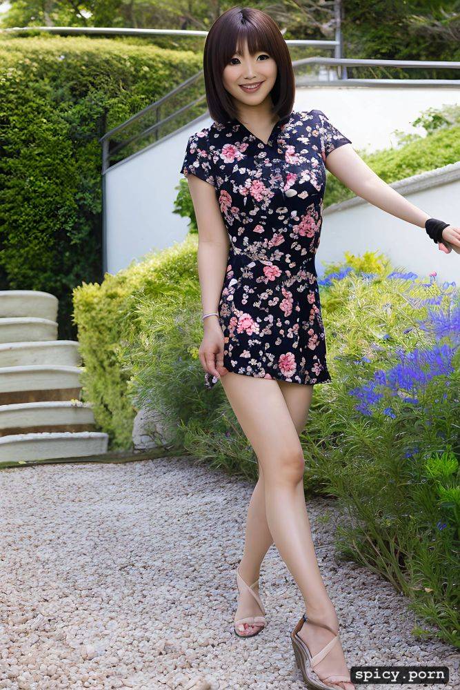 japanese woman, smiling, 25 yo, sandals, walking in a garden - #main