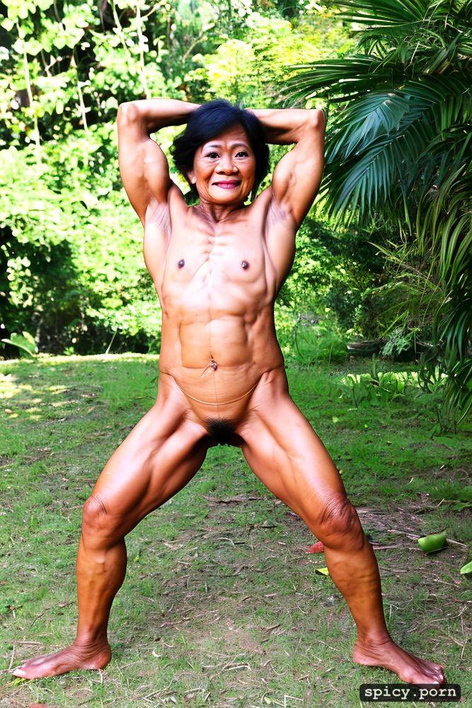 short hair, no missing limbs, face, thai granny, outdoor, muscular arms - #main