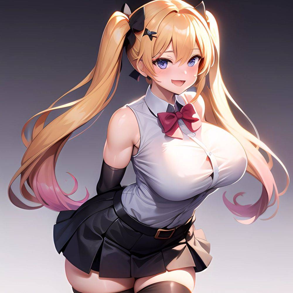 1girl Aymusk Belt Black Skirt Blonde Hair Blue Eyes Blush Bow Bowtie Breasts Curvy Elbow Gloves Fang Gloves Gradient Background, 2204001941 - AIHentai - #main