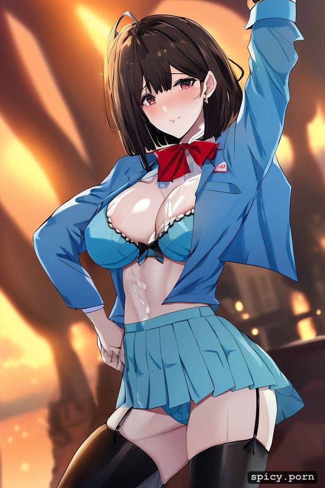 which lets her already big breasts look massive with a dark blue collar and a bow tie along with a pleated skirt - #main