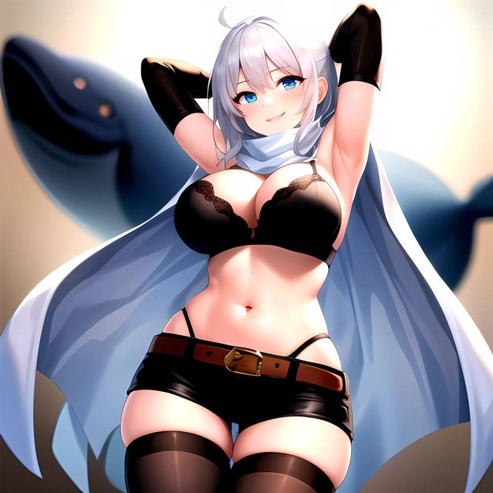 1girl Armpits Arms Behind Head Belt Black Bra Black Gloves Black Pantyhose Blue Eyes Blurry Blurry Background Bra Breasts Curvy, 909642269 - AIHentai - #main