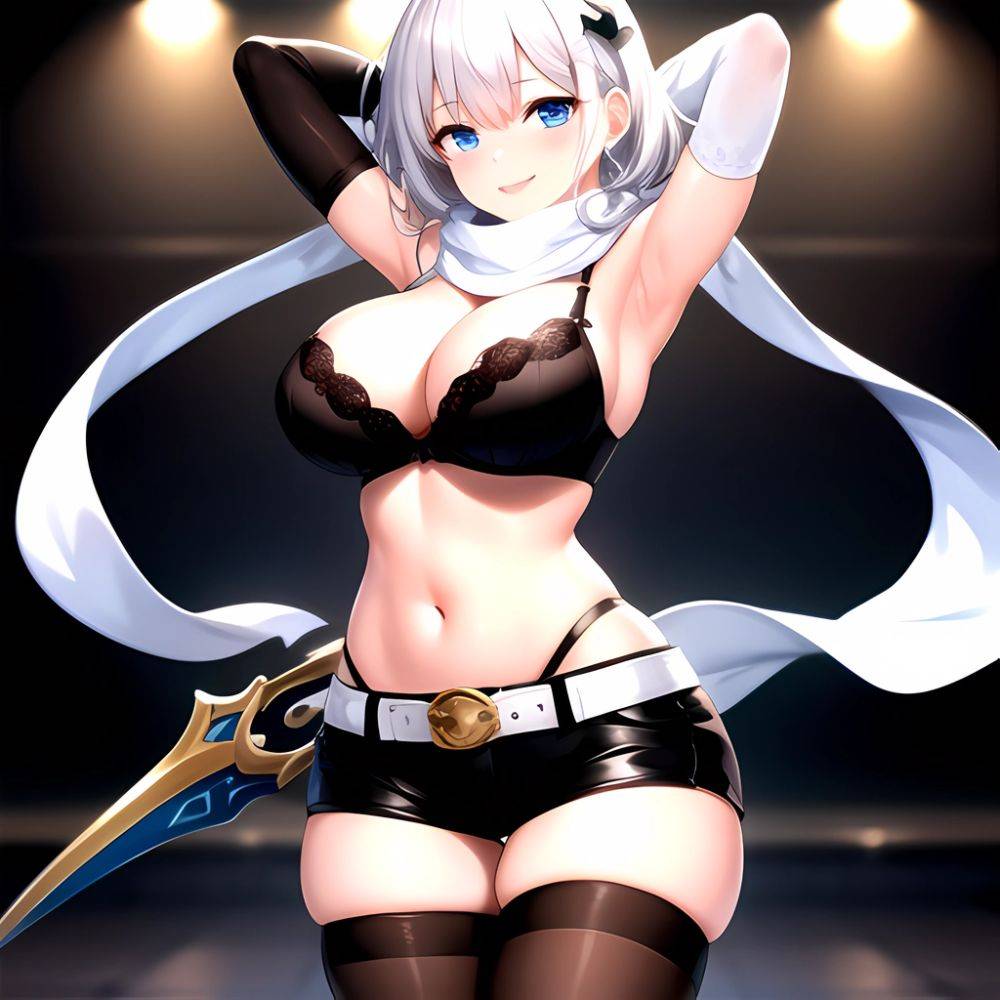 1girl Armpits Arms Behind Head Belt Black Bra Black Gloves Black Pantyhose Blue Eyes Blurry Blurry Background Bra Breasts Curvy, 3156120354 - AIHentai - #main