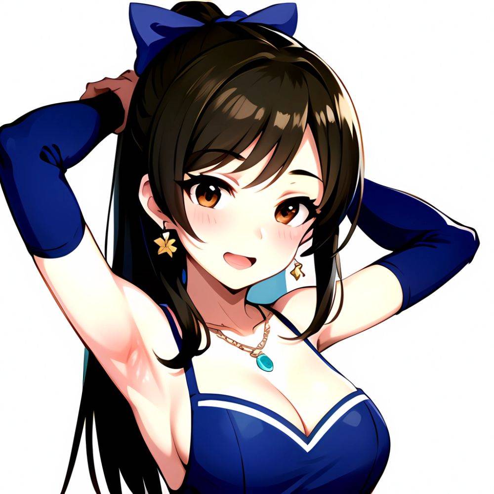 1girl Absurdres Armpits Arms Up Ayase Honoka Black Gloves Blue Bow Blue Dress Blush Bow Breasts Brown Eyes Brown Hair, 2152115453 - AIHentai - #main