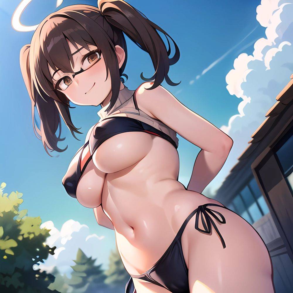 1girl Bikini Black Bikini Blue Archive Blue Sky Breasts Brown Eyes Brown Hair Closed Mouth Clothes Lift Cloud Covered Nipples, 2925533015 - AIHentai - #main