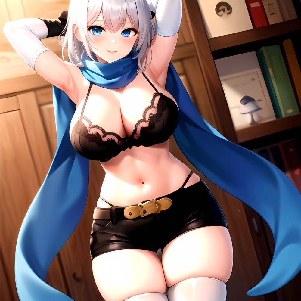 1girl Armpits Arms Behind Head Belt Black Bra Black Gloves Black Pantyhose Blue Eyes Blurry Blurry Background Bra Breasts Curvy, 3716064216 - AIHentai - #main