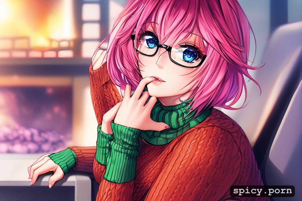 short, pink hair, busty japanese woman, sweater, short hair - #main