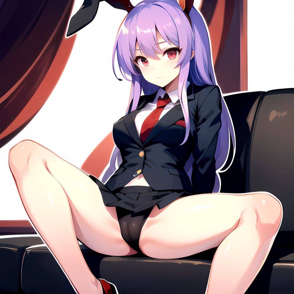 Ai Assisted Breasts Highres Medium Breasts Red Eyes Reisen Udongein Inaba Sitting Spread Legs Touhou Arms Behind Back White Outl, 1209675962 - AIHentai - #main