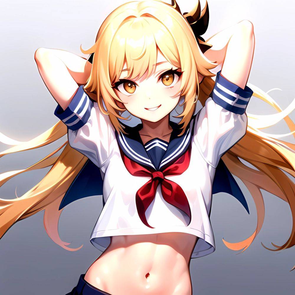 1girl Arms Up Arms Behind Head Blonde Hair Blue Skirt Bow Crop Top Crop Top Overhang Genshin Impact Gradient Background, 2664200005 - AIHentai - #main