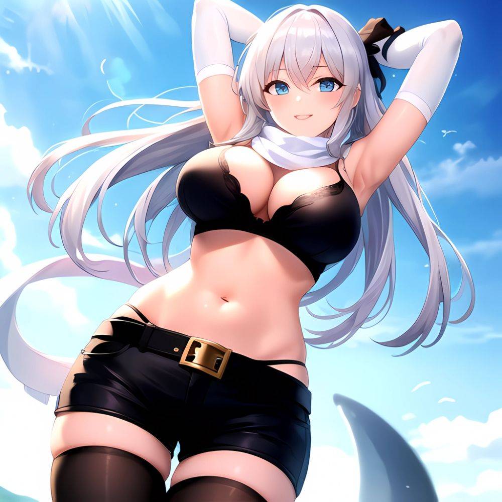 1girl Armpits Arms Behind Head Belt Black Bra Black Gloves Black Pantyhose Blue Eyes Blurry Blurry Background Bra Breasts Curvy, 2510043250 - AIHentai - #main