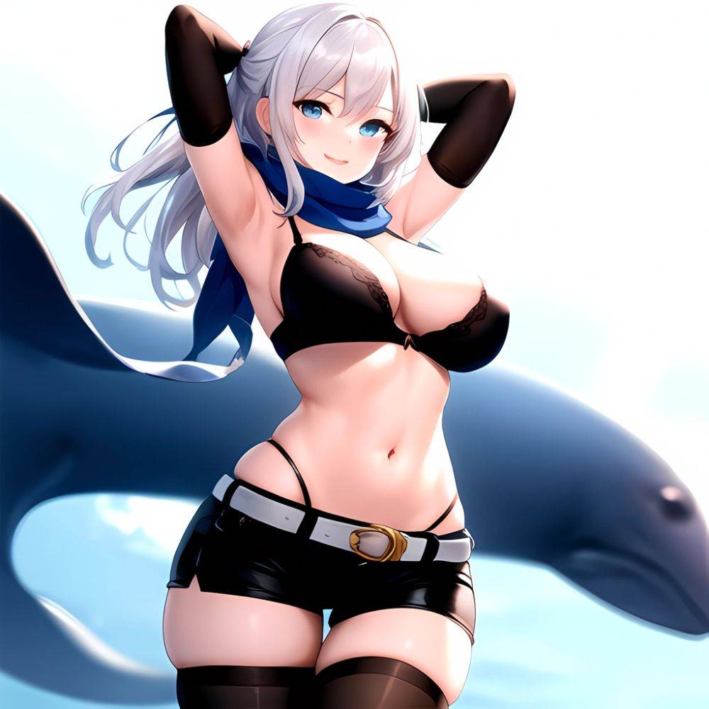 1girl Armpits Arms Behind Head Belt Black Bra Black Gloves Black Pantyhose Blue Eyes Blurry Blurry Background Bra Breasts Curvy, 3304684514 - AIHentai - #main