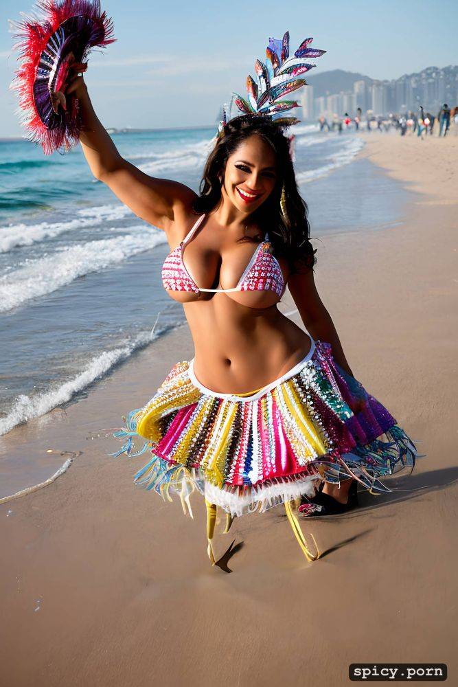 color portrait, long hair, 25 yo beautiful performing white rio carnival dancer at copacabana beach - #main