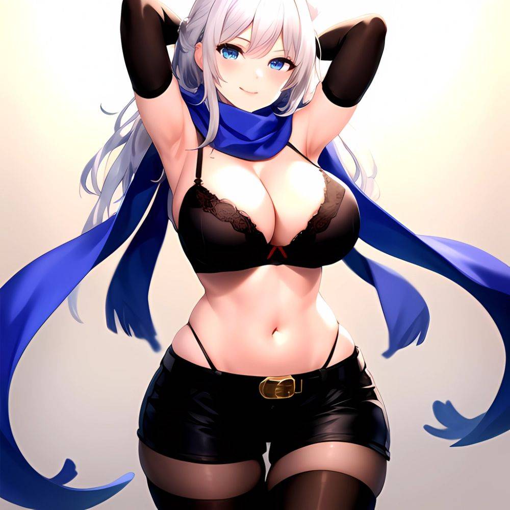 1girl Armpits Arms Behind Head Belt Black Bra Black Gloves Black Pantyhose Blue Eyes Blurry Blurry Background Bra Breasts Curvy, 2350254744 - AIHentai - #main