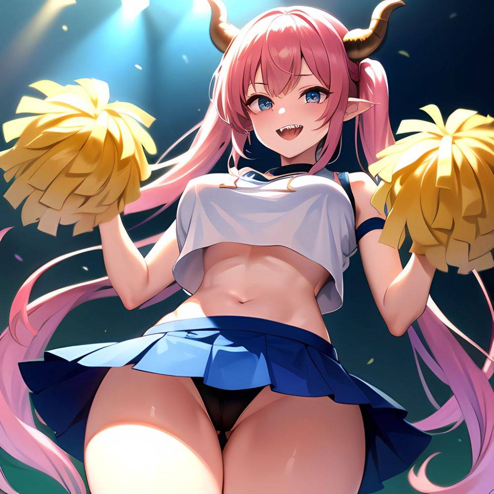 1girl Absurdres Blue Skirt Bluefrok Breasts Cheerleader Dragon Girl Dragon Horns Highres Holding Holding Pom Poms Horns Huge Bre, 2342115248 - AIHentai - #main