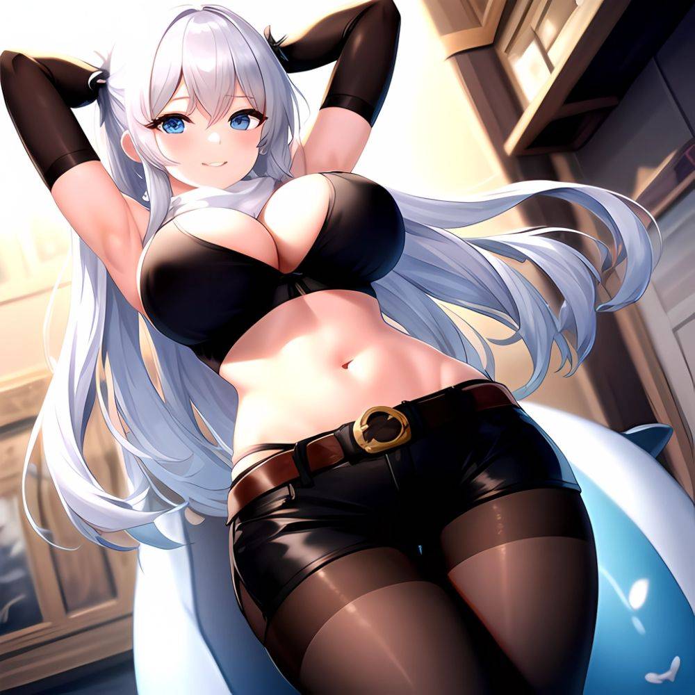 1girl Armpits Arms Behind Head Belt Black Bra Black Gloves Black Pantyhose Blue Eyes Blurry Blurry Background Bra Breasts Curvy, 2813114551 - AIHentai - #main