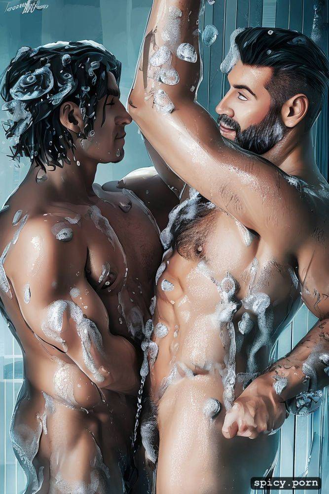 two muscular 40 year old men rubbing soap on each other in the shower - #main