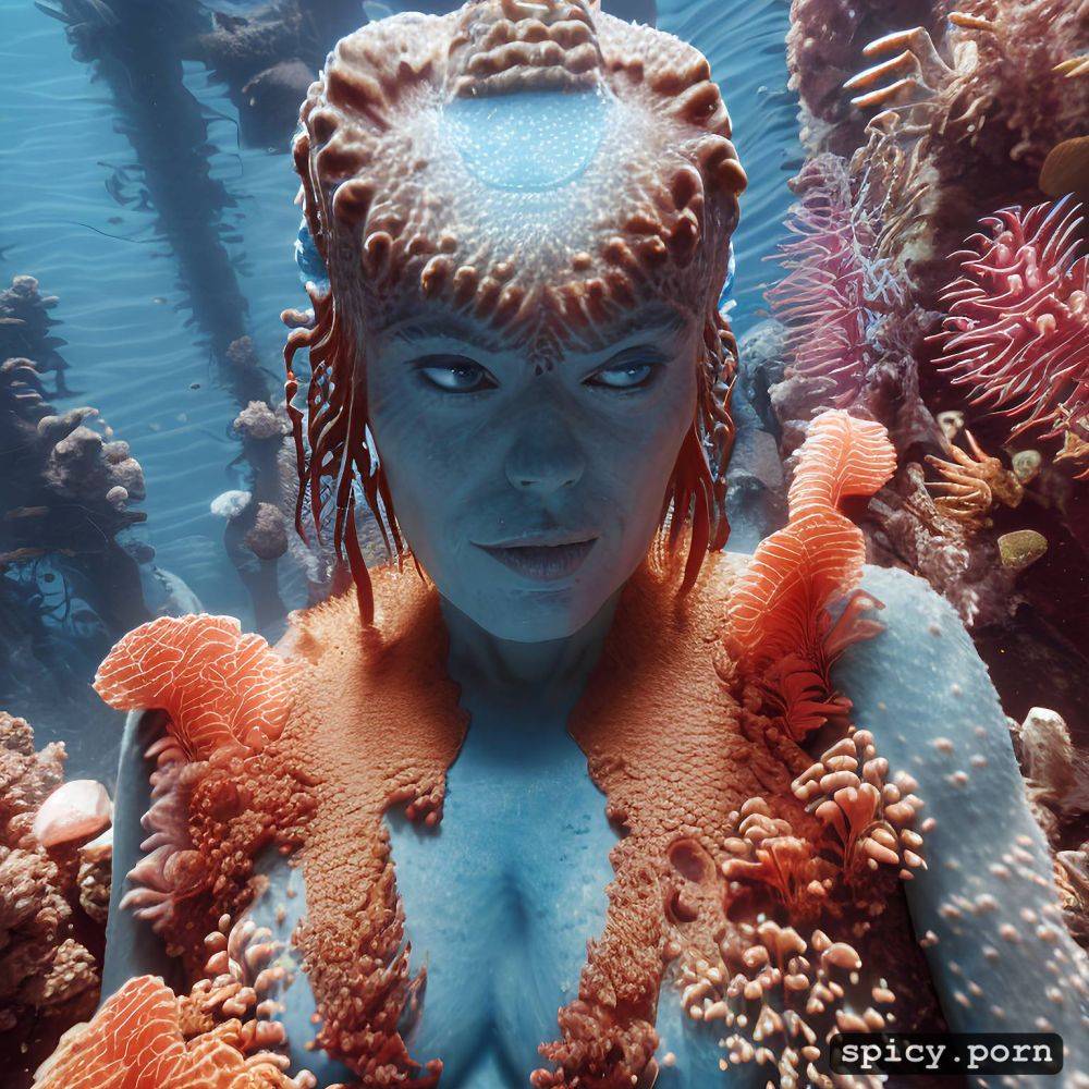realistic, visible nipple, masterpiece, young sigourney weaver as blue alien from the movie avatar sigourney weaver swimming underwater near a coral reef wearing tribal top and thong - #main