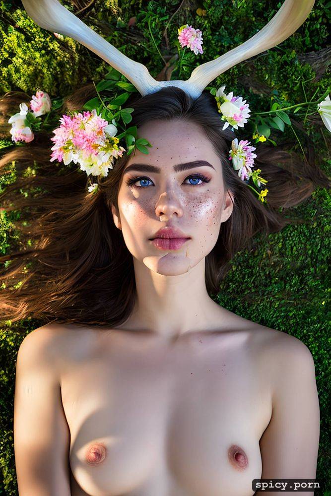 flat chest, freckles, flowers in hair, small tits, bukakke, antlers - #main
