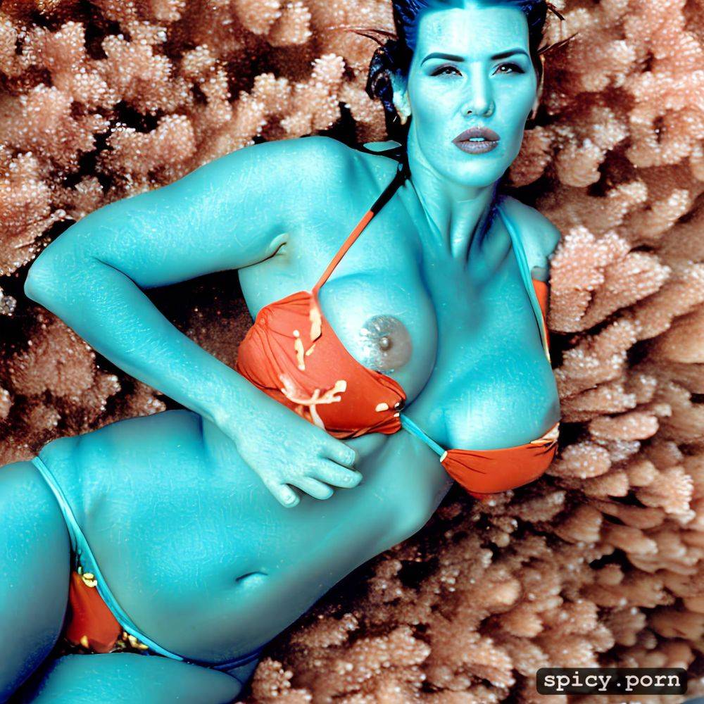 realistic, visible nipple, masterpiece, kate winslet as blue alien from the movie avatar kate winslet swimming underwater near a coral reef wearing tribal top and thong - #main