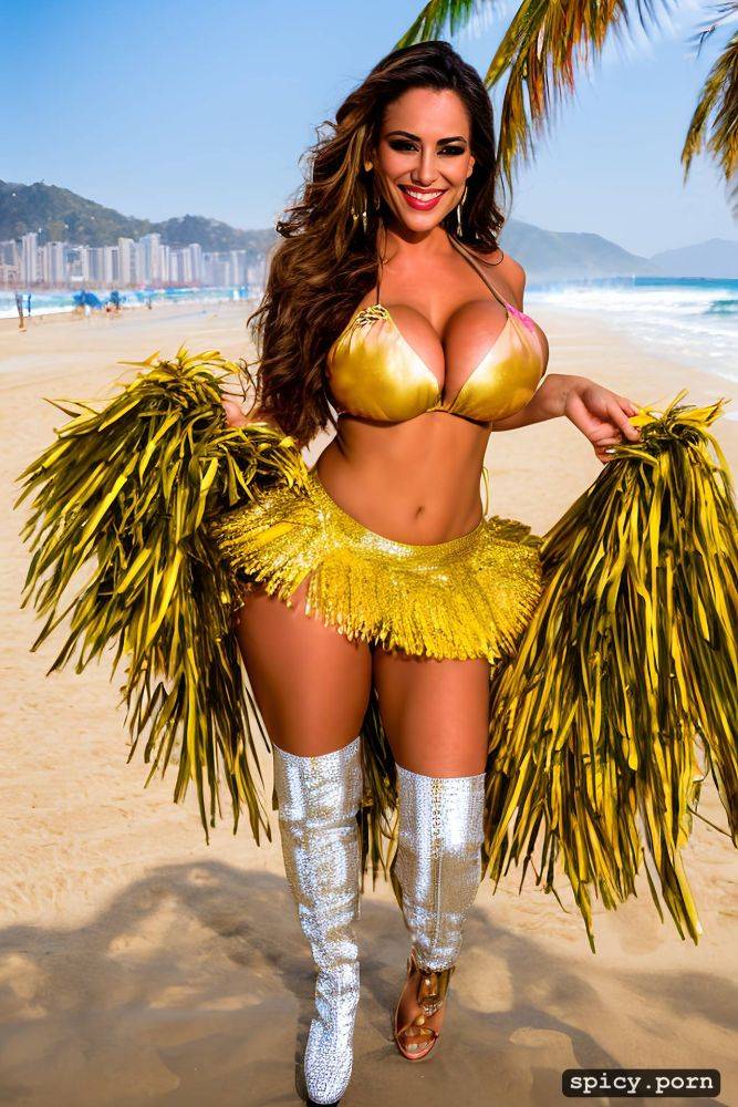 color portrait, long hair, 36 yo beautiful performing white rio carnival dancer at copacabana beach - #main