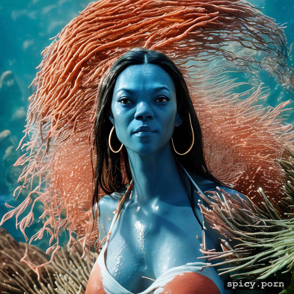 realistic, visible nipple, masterpiece, zoe saldana as blue alien from the movie avatar zoe saldana swimming underwater near a coral reef wearing tribal top and thong - #main