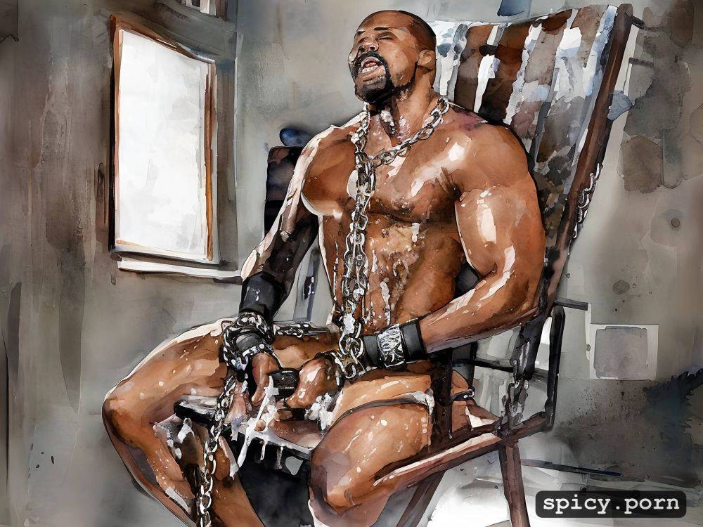 cum running down dick and balls, white gay bodybuilder handcuffed and chained naked to a chair - #main