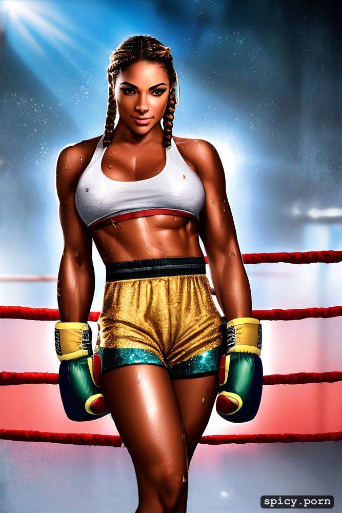boxing gloves, boxing ring, topless, female boxer, sweaty, glittery shorts - #main