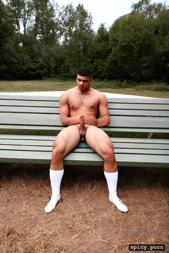 20 year old football player man sits on the bench in the dressing room naked in socks and drips his dick - #main