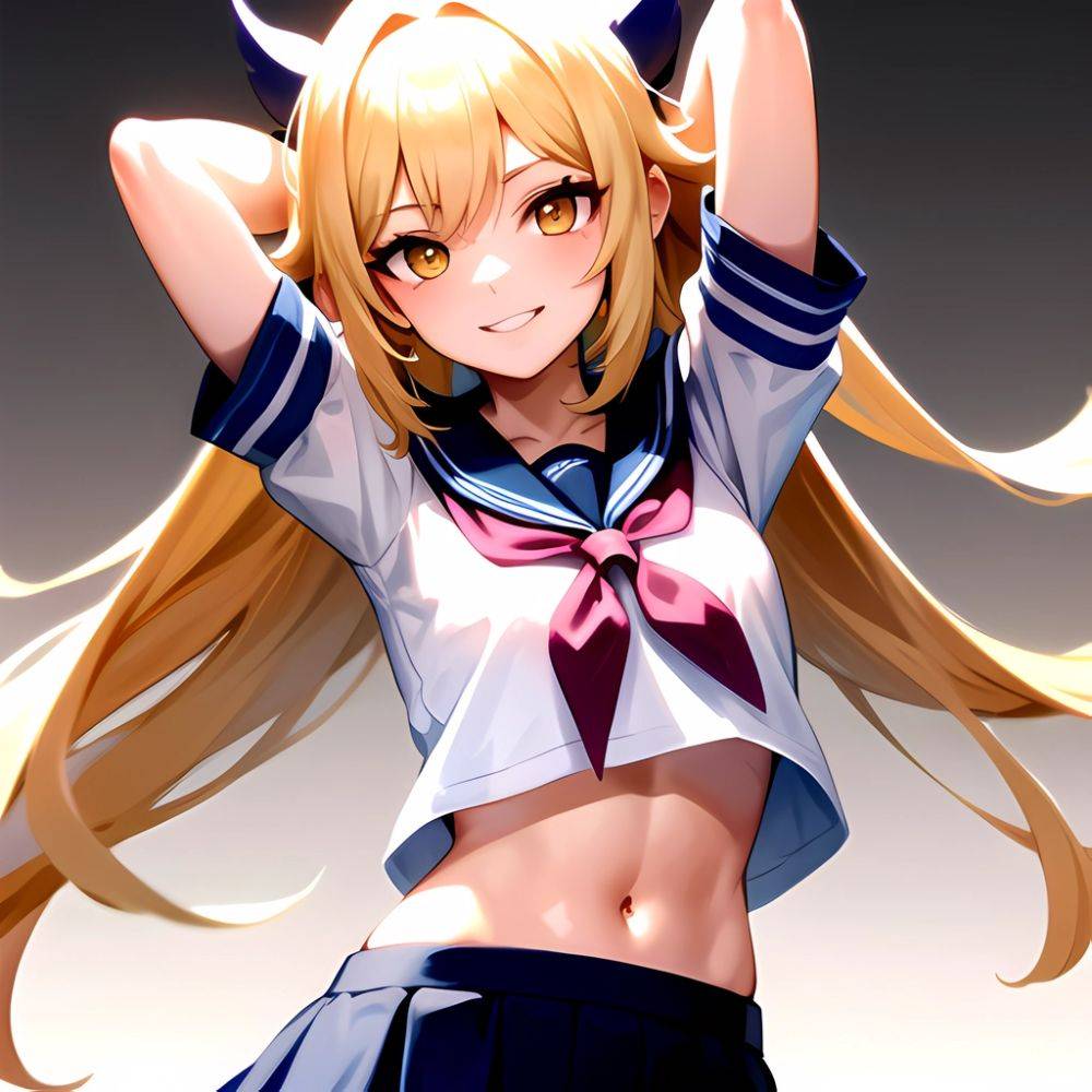 1girl Arms Up Arms Behind Head Blonde Hair Blue Skirt Bow Crop Top Crop Top Overhang Genshin Impact Gradient Background, 4190590673 - AIHentai - #main
