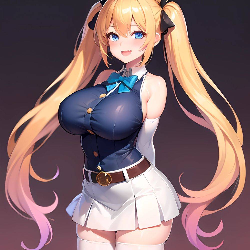 1girl Aymusk Belt White Skirt Blonde Hair Blue Eyes Blush Bow Bowtie Breasts Curvy Elbow Gloves Fang Gloves Gradient Background, 231966239 - AIHentai - #main