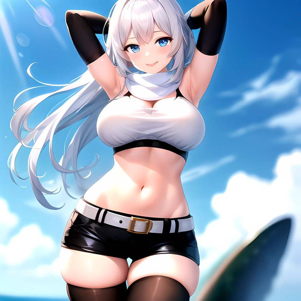 1girl Armpits Arms Behind Head Belt Black Bra Black Gloves Black Pantyhose Blue Eyes Blurry Blurry Background Bra Breasts Curvy, 2844200688 - AIHentai - #main