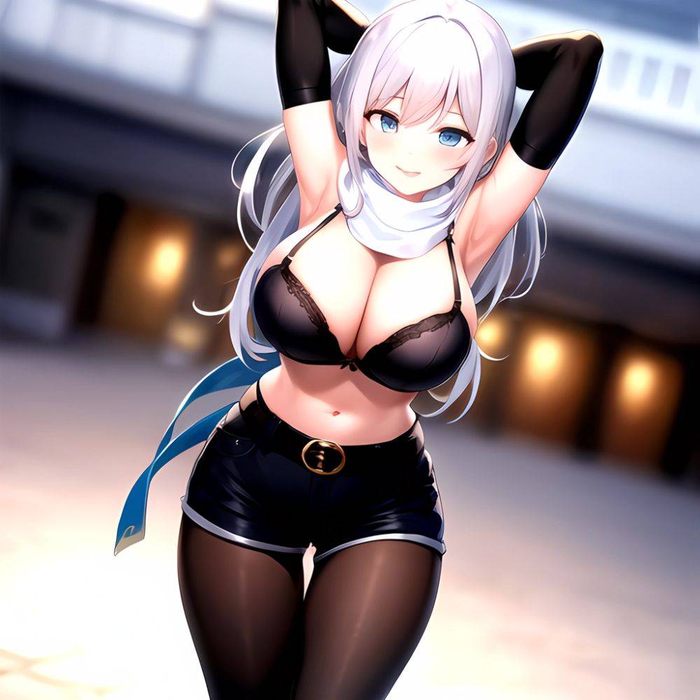 1girl Armpits Arms Behind Head Belt Black Bra Black Gloves Black Pantyhose Blue Eyes Blurry Blurry Background Bra Breasts Curvy, 847408079 - AIHentai - #main