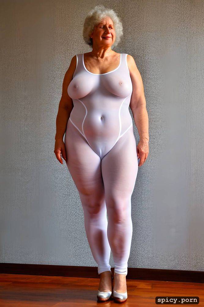 a standing obese 80 yo fat woman wearing white very transparent tight bodysuit with white legs - #main